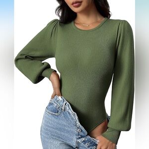Green Ribbed Long Sleeve Bodysuit